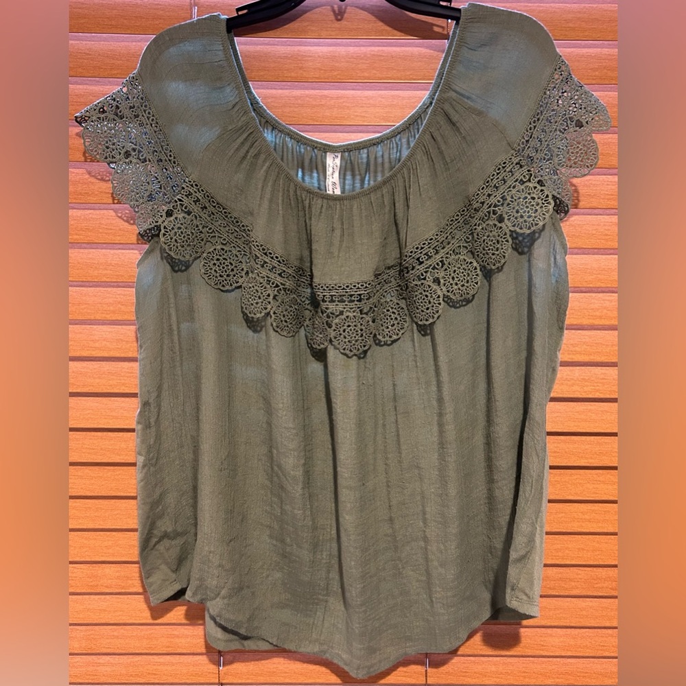 Perseption Olive Green Lace Accent Blouse